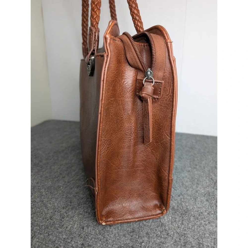 Bueno Faux Leather Satchel Braided Top Handle Ornate Hardware‎ Shoulder Purse